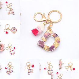 Key Rings Letter Pendant Keychains Rose Petal Gold Foil Paperresin Chains For Women Car Keyring Holder Charm Bag Couple Gifts Drop D Dhpd2