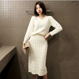 Work Dresses Autumn Twisted Knitted Two Piece Set Women V-Neck Casual Pullovers Elastic Waist Knee-length Pencil Skirts OL Tracksuit