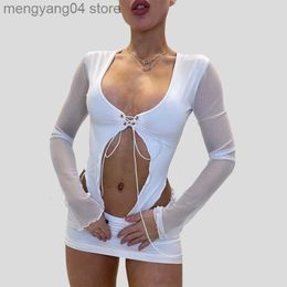 Women's T-Shirt Q22TP204 Summer New 2022 Solid Color Square Neck Cardigan Lace up Open Umbilical Horn Long Sleeve Women's Top T230601