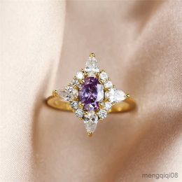 Band Rings Elegant Female Purple Crystal Ring Yellow Gold Color Wedding For Women Luxury Small Oval Engagement