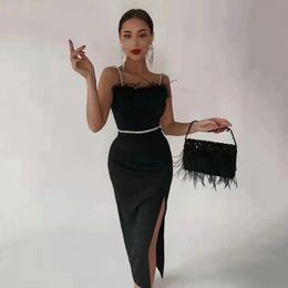 Dresses Sexy Beading Bandages Dress Women Black Feathers Elegant Clothing Celebrity Party Club Bodycon Midi Dresses