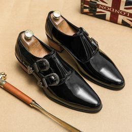 New Black Double Buckle Patent Leather Formal Mens Shoes Handmade Thick Heeled Business Handmade Men Dress Shoes