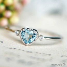 Band Rings Simple Female Small Heart Ring Cute Silver Colour Light Blue Fashion Promise Wedding Engagement For Women