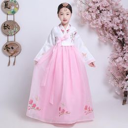 Ethnic Clothing Oriental Girls Embroidery Hanbok Dress Korean Children Dancing Costumes National Performance Robe Gown Elegant Chiffon
