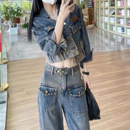 Women's Two Piece Pants Women Denim Sets Spring Autumn Street Style Short Jacket Coat And Jeans High Waist Wide Leg Two-piece Outfit