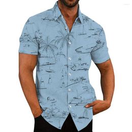 Men's Casual Shirts Men Shirt Sea Boat Coconut Tree Print Short Sleeves Turn-down Collar Button V Neck Loose Summer Beach Male Clothing Top