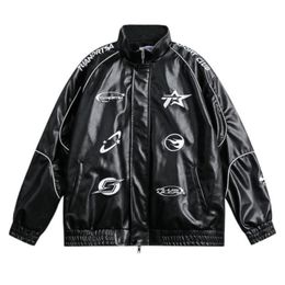 Men's Jackets American Street Hip Hop Black Baseball Jacket Leather Men Retro Racing Bomber Coat Oversize Women Unisex Couple Casual Black 230531