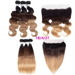 Peruvian Raw Virgin Hair Double Wefts 3 Bundles With 13X4 Lace Frontal 1B/4/27 Three Tones Color 100% Human Hair Silky Straight