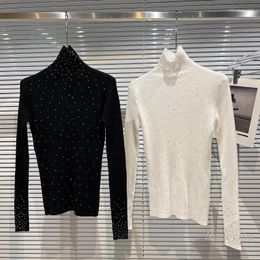 Women's Sweaters Turtleneck Sweater For Woman 2023 Autumn Winter Rhinestone Stretch Slim-Fit Undershirt Female Knitwear White Black