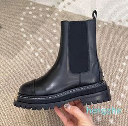 Nude Boots Women's Black Boots Paris Fashion Designer Leather Thick Sole Mid Barrel Star Motorcycle Street Style Shoes 35-40