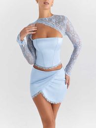 Lace Satin 2 Piece Set Women Long Sleeve Hollow Out Crop Top High Waisted Asymmetrical Mini Skirt Set Dress Set