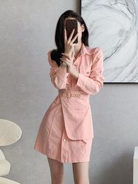 Casual Dresses Spring Summer Vintage Pink Denim For Women Solid Lapel Single Breasted High Waist Slim Trim Mini Dress