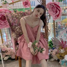 Casual Dresses Sannian Women Dress Pink V-neck Halter Ladies 2023 Summer Retro Niche Sexy Party Clothes