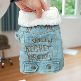 Jackets Autumn and Winter Warm Plus Velvet Thick Denim Cotton Coat for Dogs Pet Clothing with Alphabet Printing Denim Dog Jackets