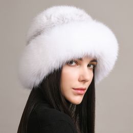 Women's Real Mink Fur Hat Knitted Bowler Hat Top Hat Winter Warm Outdoor Beanie Cap W Fox Fur Brim