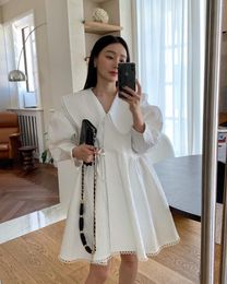 Casual Dresses Chic Korean Elegant Doll Collar Stitching Lace Tie Solid Dress Women Gentle Puff Long Sleeves High Waist Pleated A Line