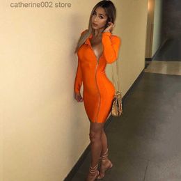 Party Dresses OMSJ 2019 New Fall Dresses For Women Orange Front Zippers Sheath Mini Party Dress Solid Long Sleeve Sexy Club Bodycon Outfits T230602