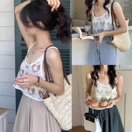 Women's Tanks Q0KE Summer Floral Knit Crop Tops For Women Spaghetti Strap Hollow Cool Girl Sexy Camis