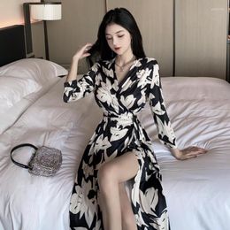 Casual Dresses Spring/Summer 2023 Lace Up Split V-Neck Wrap Long Dress One Piece 9/4 Sleeve Women Holiday/Home Skirt