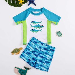 Swimwear Children's 2-piece short sleeved boy 2-7y blue shark print beach suit 2022 swimsuit P230602