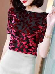 T-Shirt Spring Summer Mesh Slim Fit Half Sleeve Oblique Neck Women's Printed Velour Leaves Elastic T-shirt Top P230602