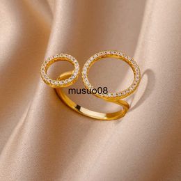 Band Rings Stainless Steel Zircon Double Round Rings For Women Open Gold Plated Finger Ring Simple Fashion Korean Jewellery Wedding Gift J230602