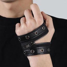 Charm Bracelets Punk Bracelet For Men Rivet Chain Jewellery Cowhide Male Round Hole Middle Zipper Wide Leather