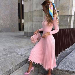 Casual Dresses Women Slim A Line Pleated Knit Sweater Dress 2023 Spring Autumn INS Office Ladies Work Ribbed High Waist Maxi Tassel