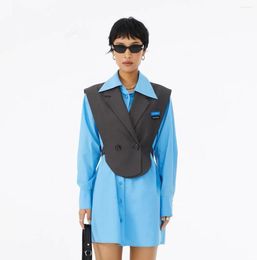 Casual Dresses 2023 Commuter Simple Shirt Style Mid Length A-line Dress For Women Blue Suit Fit Slim Bodycon