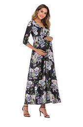 Maternity Dresses Pregnant women's cotton with short sleeves floral print V-neck party dress photography Ropa maternity attire hot selling clothing G220602