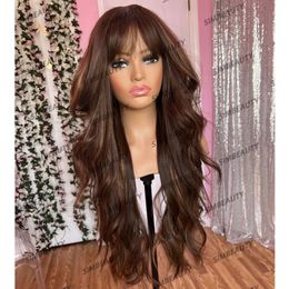 Transparent Full Lace Wigs Highlight Fringe HD Lace Front Human Hair Women Wigs with Bangs Long Body Wave Balayage Brown 360 Lace Frontal Wig Natural Hairline