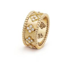 Vintage Van Clover Kaleidoscope Finger Ring Threecolor Perlees Ring 18K Roségold Voll Diamant Offizielle Original Elegante Frauen Männer Lucky Clover Hochzeit