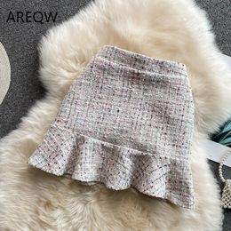 Dresses 2022 New Spring New Women's Highwaist Tweed Fishtail Bag Hip Short Skirt Women's Allmatch Antiglare Aline Skirt