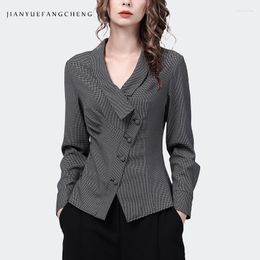 Women's Blouses 2023 Autumn Women Long Sleeve V-Neck Black Chequered Shirt Elegant Slim Suit Collar Button-Down Top Ladies Vintage Casual