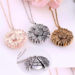 Pendant Necklaces Vintage Letters Youre My Sunshine Engraved Open Locket Sunflower Necklace For Women Jewellery Gift Sier Gold Drop De Dhdmt