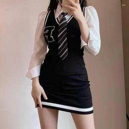 Casual Dresses Korean Style Black Mini Dress Woman Sets Harajuku Long Sleeve Shirt Preppy 2 Piece Set Fashion Clothes