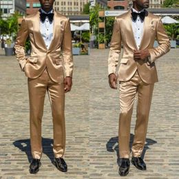 Men's Suits African Gold Satin Men 2 Pieces Shawl Lapel For Wedding Blazers Male Tuxedos Groom Wear Prom Party Blazer Jacket With Pant