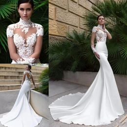 2022 New High Neck Crystal Sexy Mermaid Wedding Dresses See Through Back Sheer Long Sleeve Fitted Cheap Bridal Gowns with Sweep Tr273o