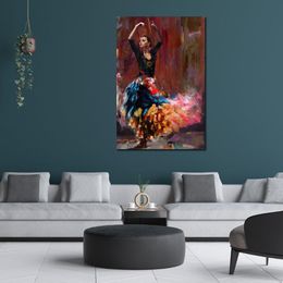 Modern Canvas Art Flamenco Dancing Girl Romantic Spanish Dancing in Textured Oil Paintings Canvas Beautiful Decor for Loft