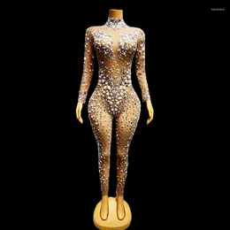 Stage Wear Top Sale Big Pearls Crystals Stones Sexy Transparent Jumpsuit Evening Birthday Celebrate Bodysuit Outfit Dancer Clothes