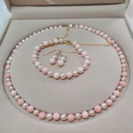Necklace Earrings Set Women's DIY 6-7mm Pink Freshwater Pearl Coral Bracelet Fashion Jewellery