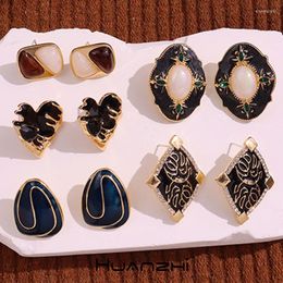 Stud Earrings Black Dripping Glaze Irregular Heart Water Drop Rectangle Resin Stone Metal For Women Girl Trendy Jewellery HUANZHI