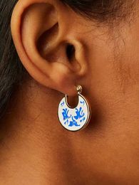 New Arrival Women Fashion Unique Blue And White Porcelain Enamel Small Hoop Earrings Statement Earring