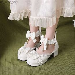 PXELENA Korean Lovely Women Wedding Sandals Chain Pearls Ruffles Bow Knot Mary Janes Lolita Shoes Princess Bride White Pink 43 L230518