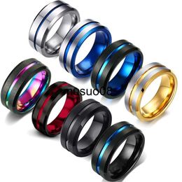 Band Rings FDLK Fashion 8MM Men's Stainless Steel Rings Colourful Groove Bevelled Edge Wedding Engagement Ring Men's Anniversary Jewellery J230602