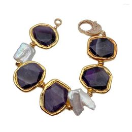 Strand Natural Purple Amethyst Chunk Gold Plated White Biwa Pearl Bracelet Women Jewelry