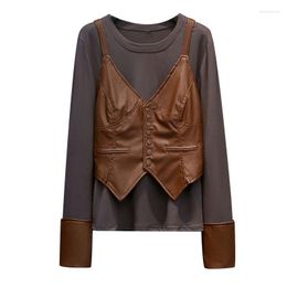 Women's Vests 2023 Spring Autumn Fashion Leather Vest T-Shirt Tosp Women 4XL Waistcoat Coat Female Two-Piece /Single Piece Sale