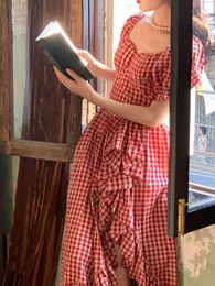 Casual Dresses 2023 Summer Vintage Puff Sleeve Red Plaid Fairy Dress Femlae Ruffle High Waist Square Collar Party France Chic Vestidos