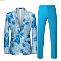 Men's Suits Blazers White Embroidered Two-piece Men's Slim Fit Suit Jacket and Trousers Blue Red Green Men Blazer Coat Pants Big Size M-5XL 6XL 230601