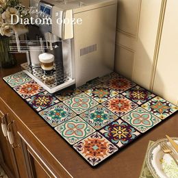 Carpets Diatom Mud Kitchen Drain Pad Bohemia Quickly Dry Coffee Bar Mat Dish Drying Mat Hide Stain Rubber Tableware Pad Easy To Clean 230601